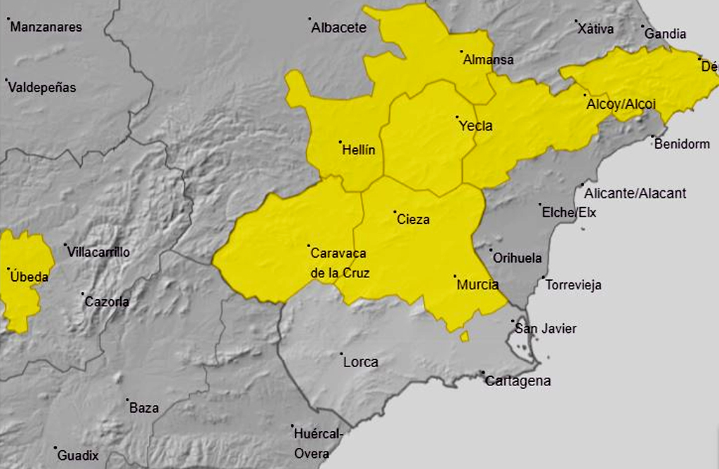 Meteorología mantiene el aviso amarillo por altas temperaturas para hoy en el Altiplano, Noroeste y Vega del Segura